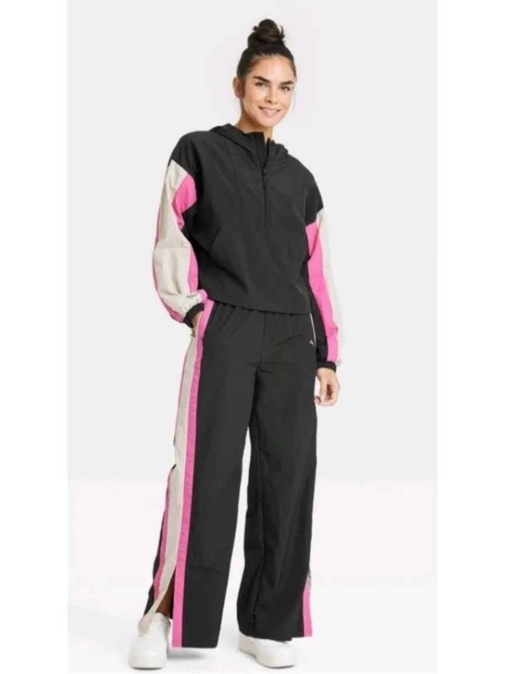 🖤💗 JoyLab Women’s Black Wide-Leg Track Pants with Pink & Cream Side Stripes 💗🖤 - Picture 2 of 7